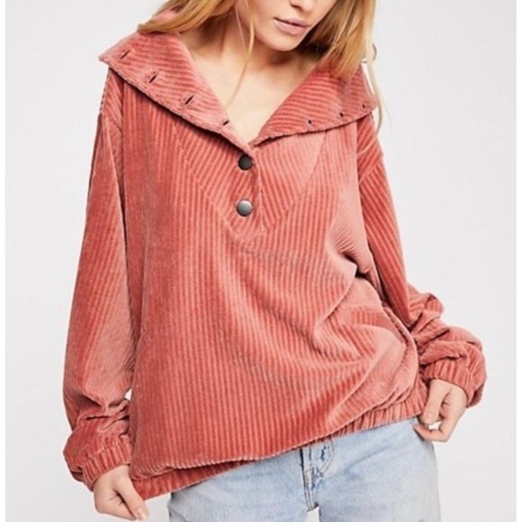 Free People Sweaters - FREE PEOPLE Mauve Pink Corduroy "Serena" Wide-Collar Pullover Size Large